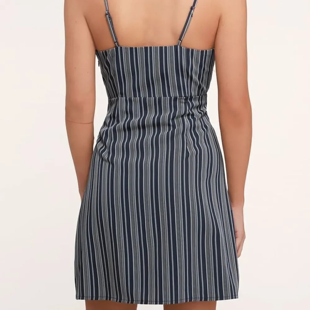 Navy Blue Striped Button-Front Mini Dress - Picture 3 of 14